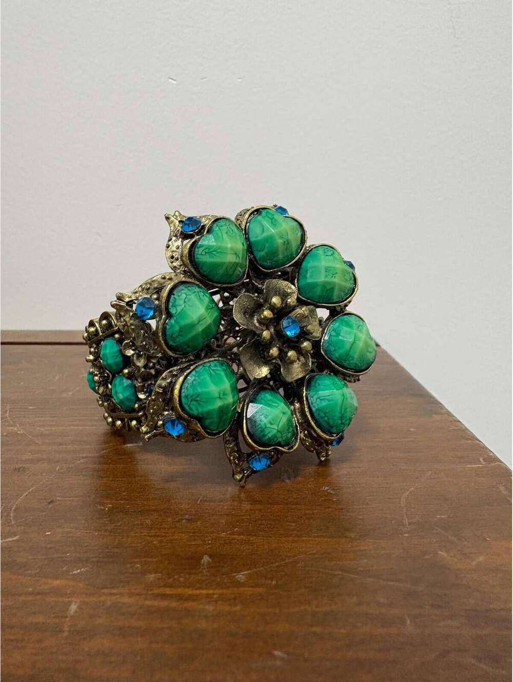 Chunky Vintage Blue Rhinestone & Faux Green Bead Gold Tone Wire Cuff Bracelet